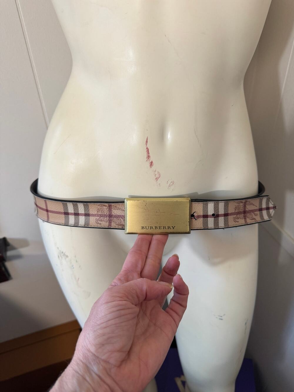 Burberry Vintage Haymarket Check Plaque Belt Coated Canvas Leather Size 36 / 90